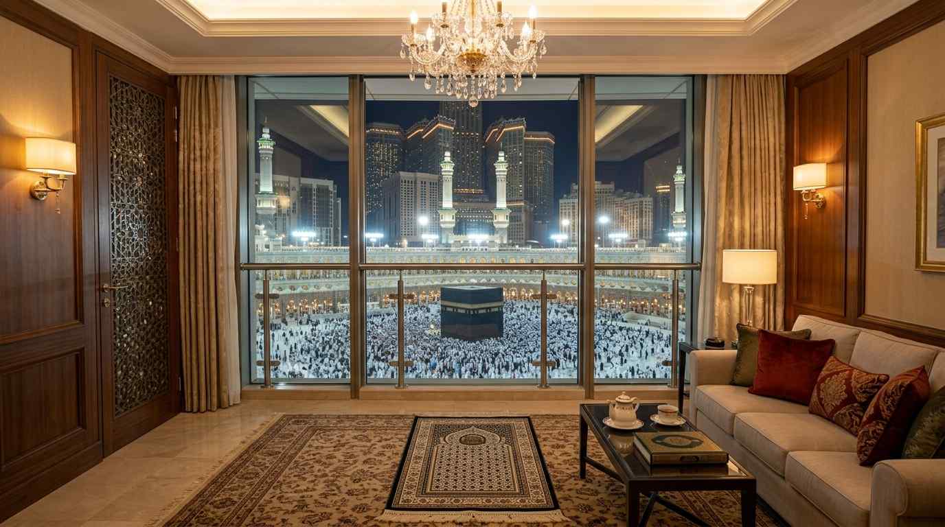 Luxury Makkah hotel room with a direct night view of the Kaaba.
