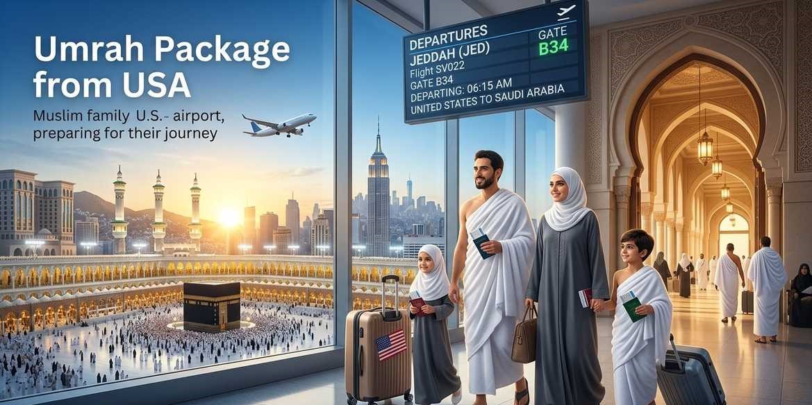 Muslim family at airport with Kaaba and USA skyline – Umrah Package from USA