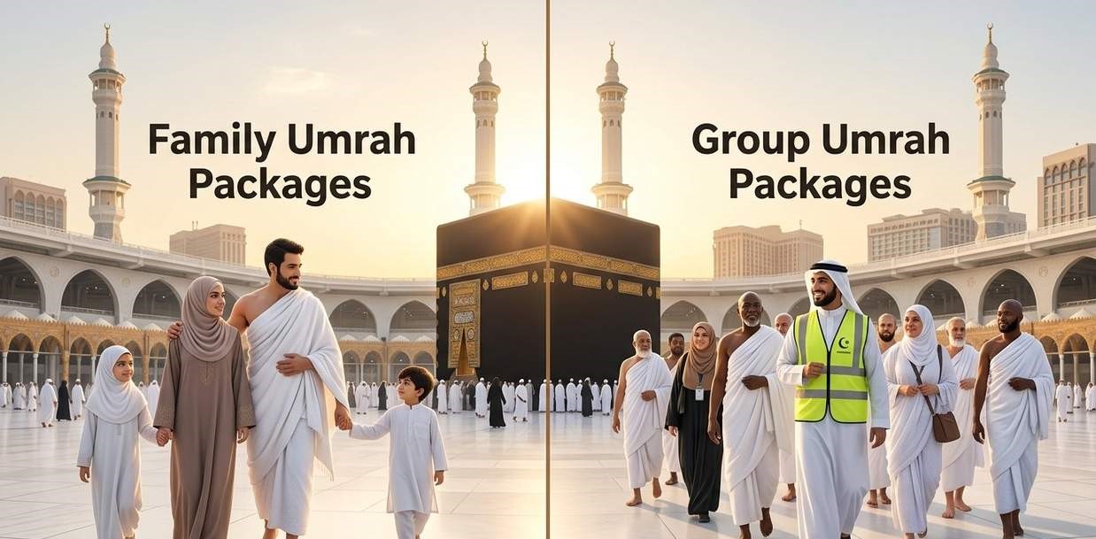 "Split-screen banner for Family vs Group Umrah packages, with the Kaaba in the background."