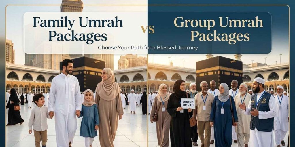 Family Umrah Packages vs Group Umrah Packages banner at the Holy Kaaba.