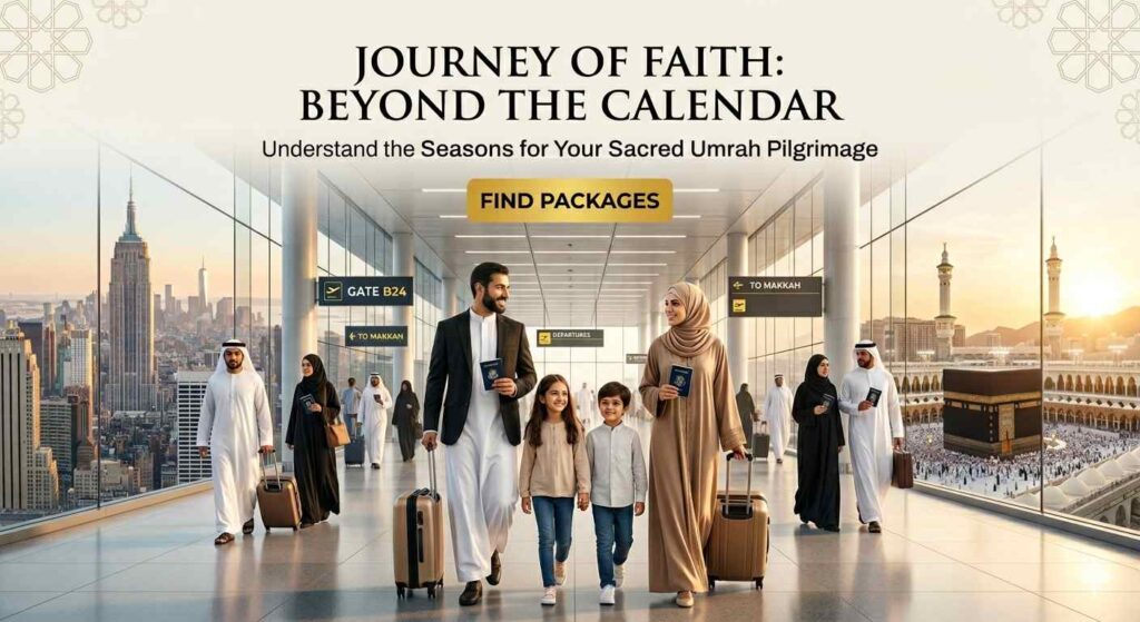 Premium Umrah travel banner showing a Muslim family at the airport terminal with 'Journey of Faith' headline text