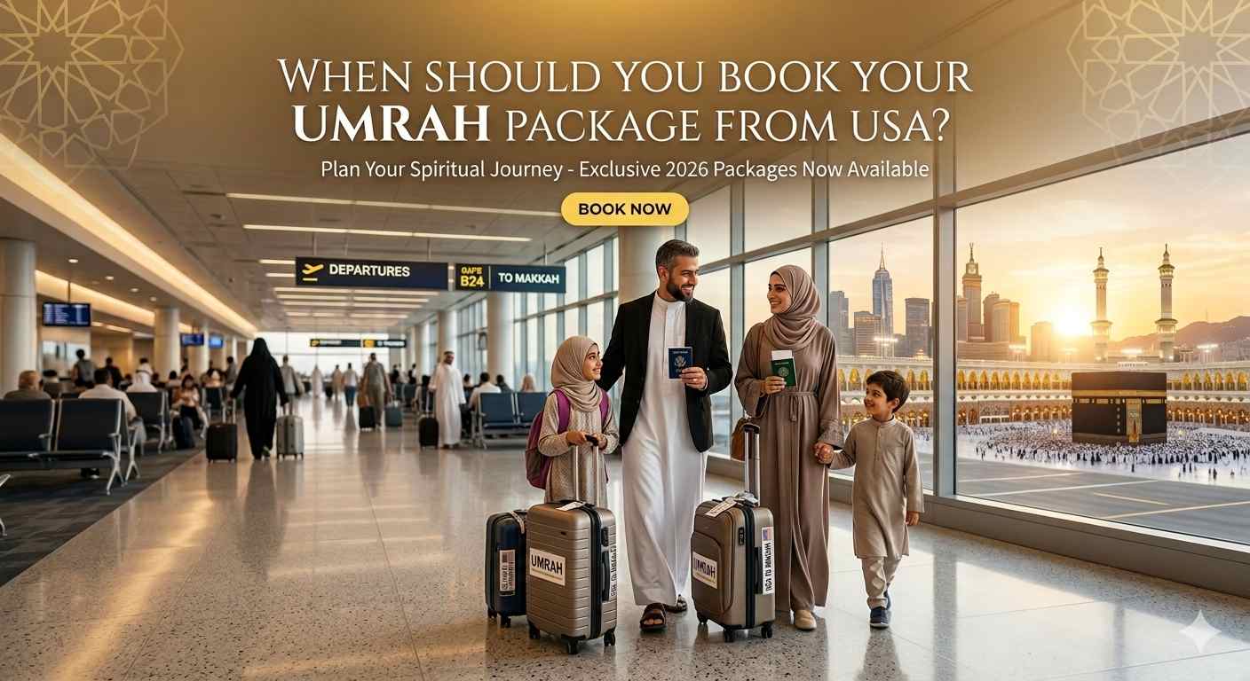 Muslim family at a US airport preparing for Umrah with a blended background of an American city skyline and the Holy Kaaba