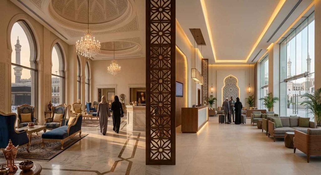 Split view comparing an elegant luxury hotel lobby and a modern mid-range hotel lobby near Masjid al-Haram.