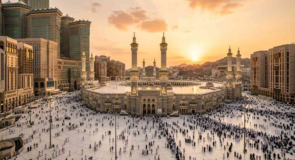 Panoramic golden hour view of Masjid al-Haram surrounded by luxury and mid-range hotels in Makkah.