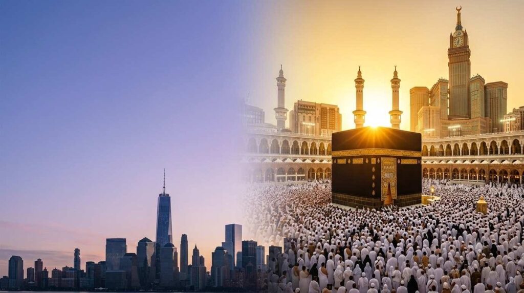 Collage of New York City skyline and the Holy Kaaba in Makkah surrounded by pilgrims