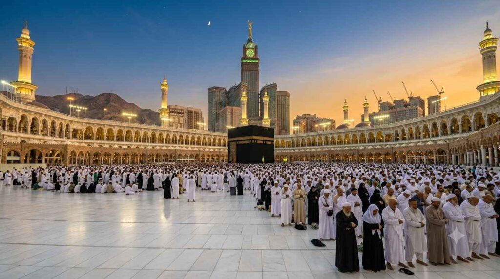 Worshippers praying at Masjid al-Haram under a golden evening sunset sky.