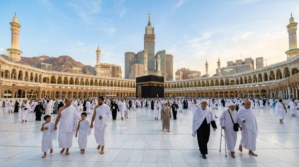 Pilgrims walking in the Masjid al-Haram courtyard during pleasant winter weather.