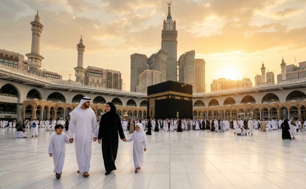 Family Umrah Packages – families walking together towards Kaaba at night